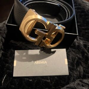 Black Leather Belt with Gold Buckle